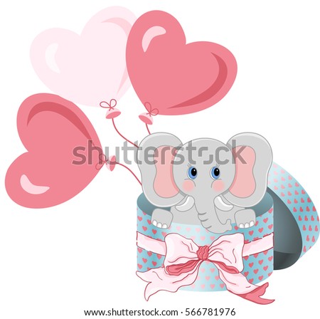 Elephant in round gift box with bow ribbon and balloons

