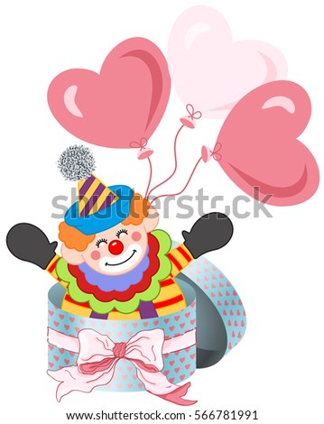 Happy clown in round gift box with bow ribbon and balloons
