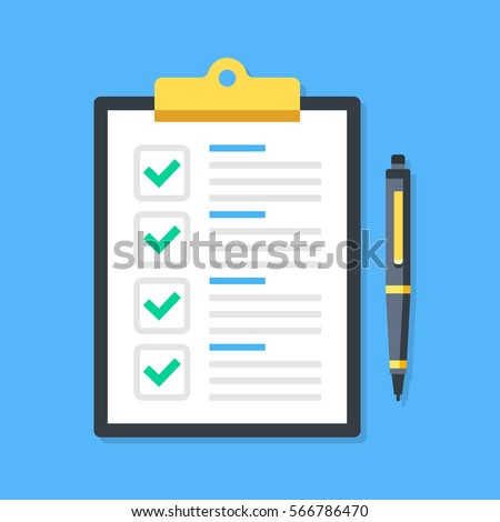 Clipboard with green ticks checkmarks and pen. Checklist, complete tasks, to-do list, survey, exam concepts. Premium quality. Modern flat design graphic elements. Vector illustration. Royalty-Free Stock Photo #566786470