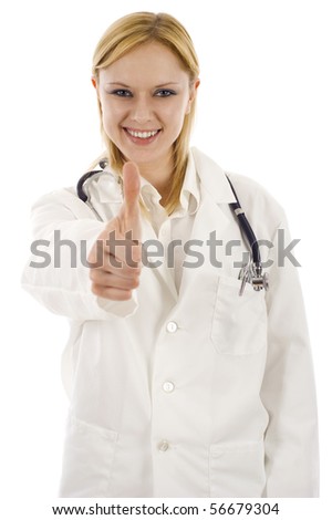 Female doctor with her thumbs up isolated on white