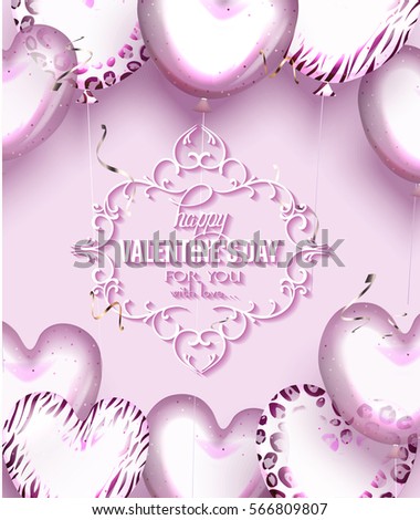 Vector illustration for Valentine's Day with heart shaped air balloons and floral design frame