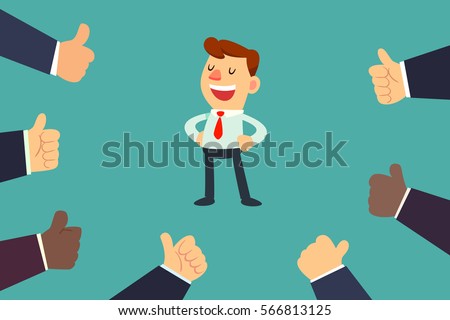 Happy and proud businessman with many thumbs up hands around him. Business compliment concept. Royalty-Free Stock Photo #566813125