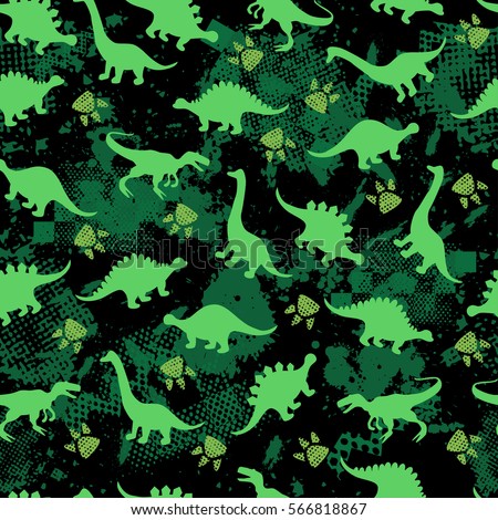 Cute kids pattern for girls and boys. Colorful dinosaurs on the abstract grunge background create a fun cartoon drawing. The background is made in neon colors. Urban backdrop for textile and fabric.   Royalty-Free Stock Photo #566818867