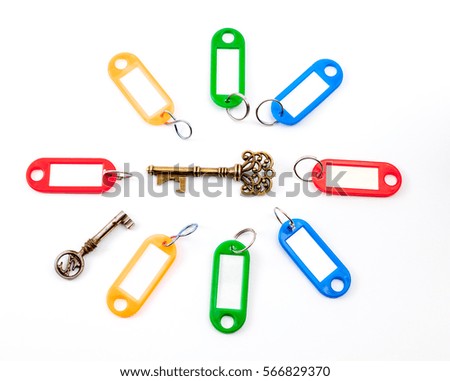 in the middle an antique key with different color labels