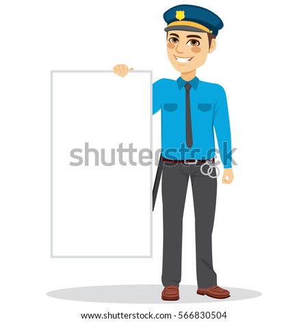 Police Man standing with uniform holding blank board
