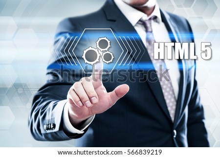 Business, technology, internet concept on hexagons and transparent honeycomb background. Businessman pressing button on touch screen interface and select html 5