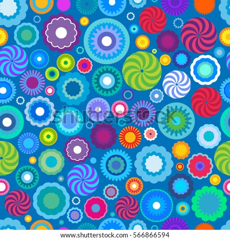 Abstract seamless pattern.
Geometric shapes and colors on a blue background.