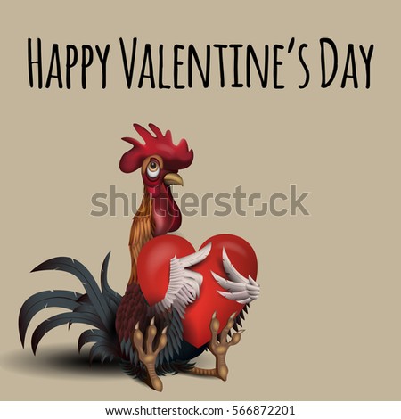Vector illustration of beautiful rooster in love with big heart. Perfect for Valentine's Day card.