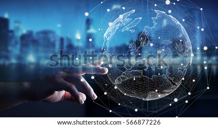 Businessman touching global network and data exchanges over the world 3D rendering Royalty-Free Stock Photo #566877226