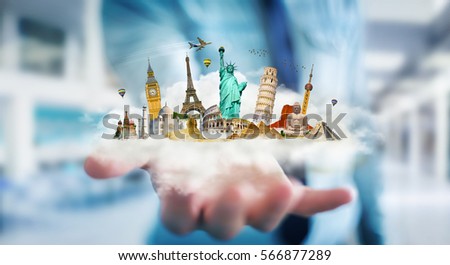 Businessman on blurred background holding a cloud full of famous monuments in his hands 3D rendering