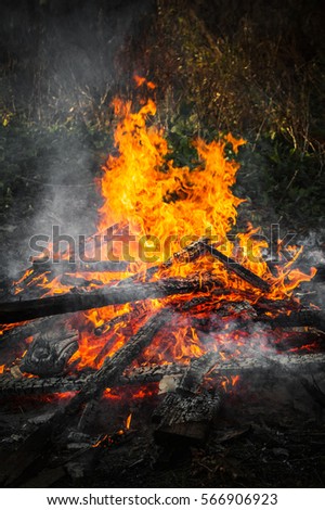 Vertical photo of burning firewood in big bonfire