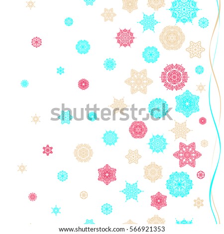 Winter seamless pattern on a white Background with blue, beige and pink Snowflakes and dots. Can be used for textile, parer, scrapbooking, wrapping, web and print design.