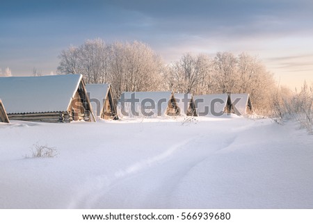 Roofs of cellars over snow in winter field on morning, reparations for winter