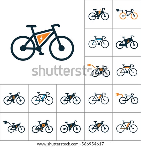 electric bicycle, e-bike icons set on white background