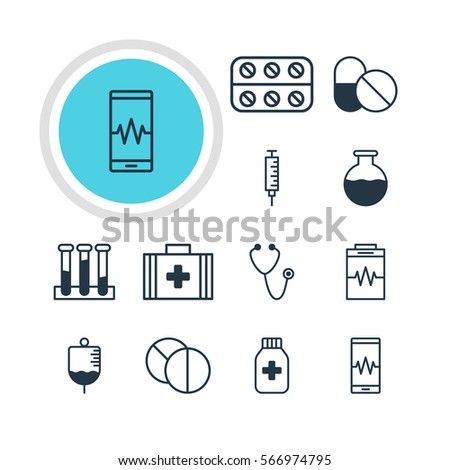 Vector Illustration Of 12 Health Icons. Editable Pack Of Medical Bag, Treatment, Pills And Other Elements.
