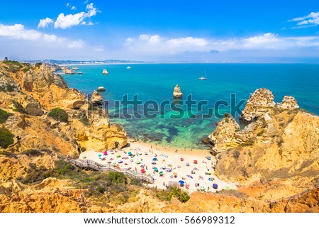 Wonderful view of Camilo Beach in Lagos Algarve Portugal Royalty-Free Stock Photo #566989312