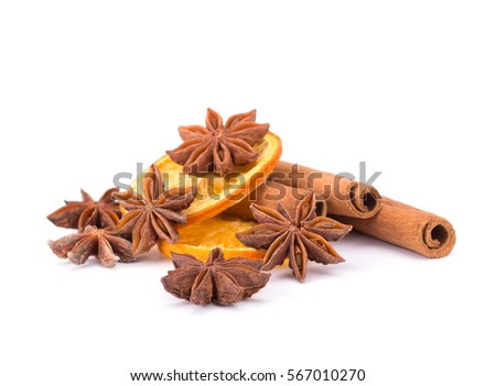 Cinnamon and oranges isolated on white background
