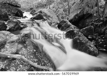 unseen waterfall at Watersmeet, monochrome