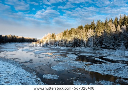 View on the river Gauja Valley covered with floating ice.
