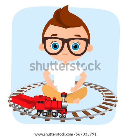 Young Boy with glasses and toy train. Boy playing with train. Vector illustration eps 10 isolated on white background. Flat cartoon style