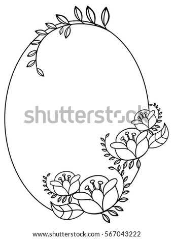 Elegant oval frame with contours of flowers. Copy space. Raster clip art.