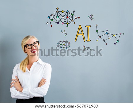 AI text with business woman on a gray background

