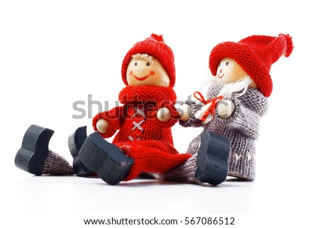 Boy and girl couple studio photo. Valentine day illustration. Love concept. Happy toy couple illustrate Valentines concepts. Happy Valentine's day!  
