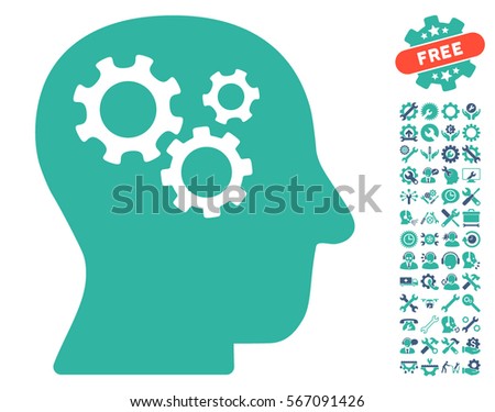Intellect Gears icon with bonus setup tools clip art. Vector illustration style is flat iconic cobalt and cyan symbols on white background.