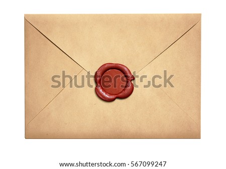 Old letter envelope with red wax seal isolated Royalty-Free Stock Photo #567099247