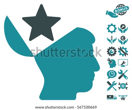 Open Head Star pictograph with bonus configuration clip art. Vector illustration style is flat iconic soft blue symbols on white background.