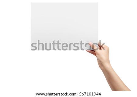 Woman hands holding gray paper blank a4 size on white background. Royalty-Free Stock Photo #567101944