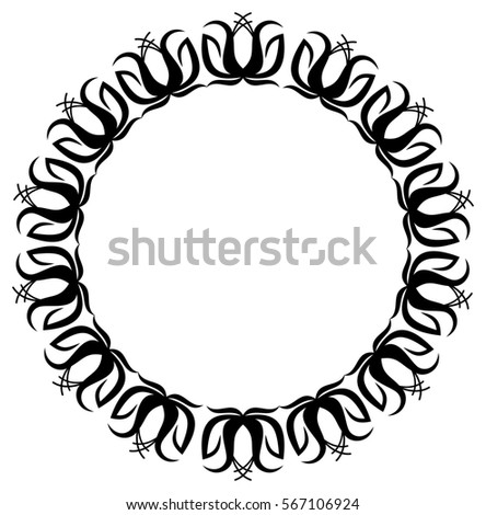 Black and white round frame with flowers silhouettes. Raster clip art.