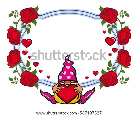Oval label with roses and cute gnome holding heart. Design element for holiday decorations, greetings, Valentine day and birthday cards. Raster clip art.