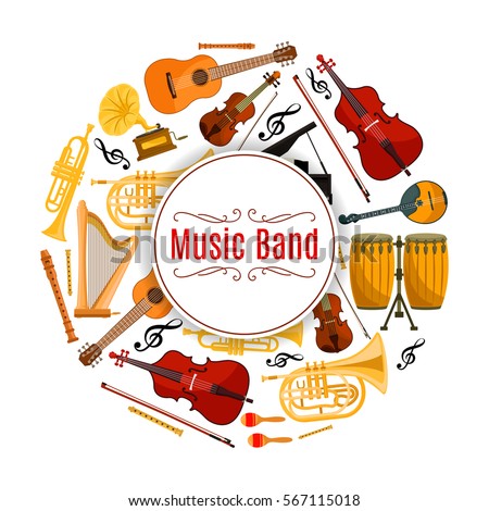 Musical instrument banner. Acoustic and electric guitar, violoncello, violin and fiddle with fiddlestick or bow, trumpet and treble key. Melody and rhythm, song record and entertainment show theme.