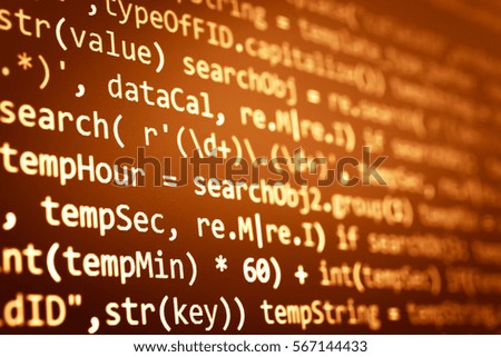 Software developer programming code. Abstract computer script code. Programming code screen of software developer. Software Programming Work Time. 