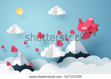 Paper art of pink plane flying and scatter heart in the sky, origami and valentine's day concept, vector art and illustration. Royalty-Free Stock Photo #567151309
