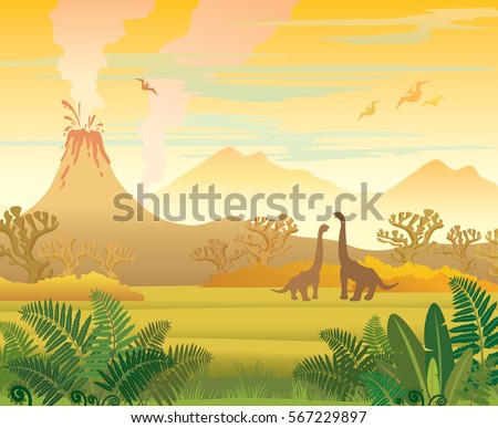 Prehistoric landscape - volcano with smoke, mountains, dinosaurs and fern. Vector natural illustration.