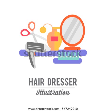 Beauty store background with make up artist and hairdressing objects lipstick, cream, brush. Template Vector.