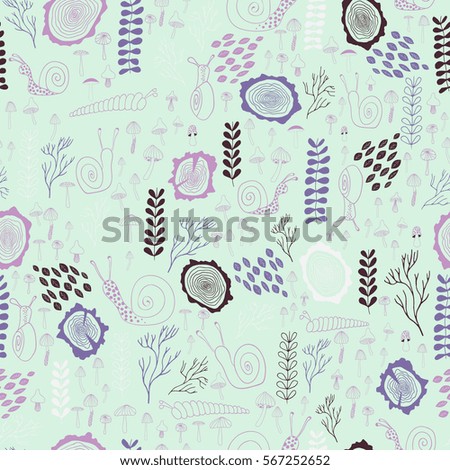 Seamless pattern with tree trunk, snail, caterpillar; leaves and mushrooms. Vector hand drawn illustration.