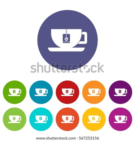 Cup of tea with tea bag set icons in different colors isolated on white background