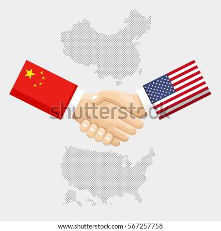 Business partnership connection concept. flags of United States and China overprinted the handshake. Vector illustration.