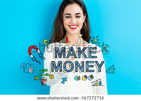 Make Money  text with young woman on a blue background