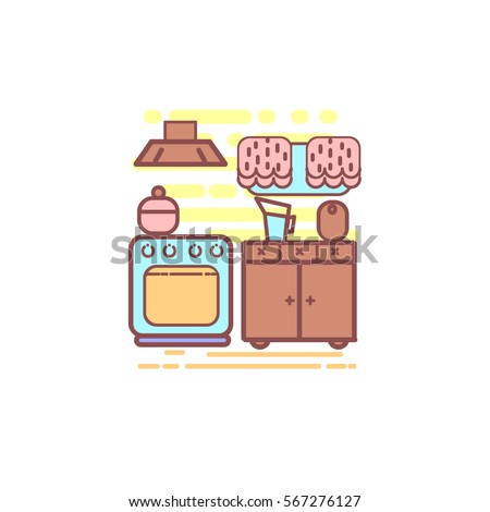 Home areas kitchen. Thin line flat color vector illustration. Modern trendy design. Style graphic concept interior house. Illustration with frige, tabel and flower.