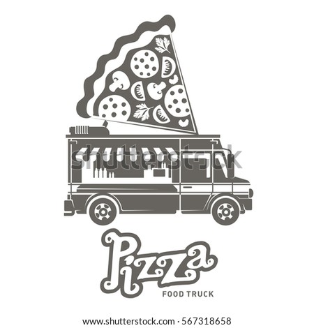 Food truck logo vector illustration. Vintage style badges and labels design concept for food delivery service vehicles. Black and white logo templates for your design. Isolated on a white background