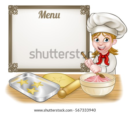 Woman baker or pastry chef cartoon character baking with a menu sign in the background