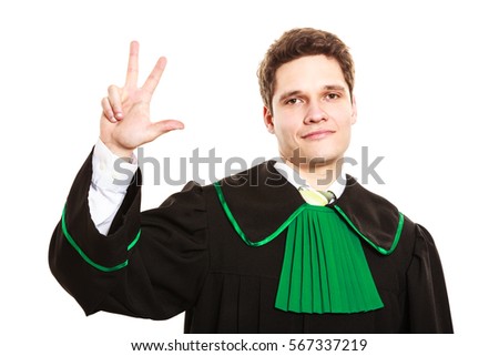 Understanding and explaining sending clear message. Young lawyer wear polish toga and show hand sign. Man make gesture hold three fingers in air.