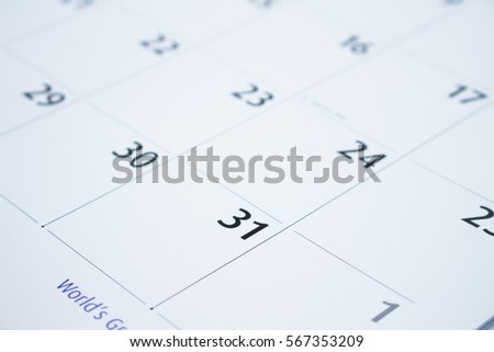 Calendar, white with black number, days, 31st.