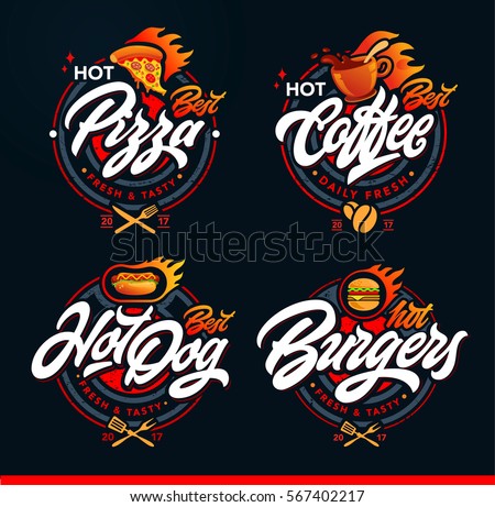 Set of labels, logotype and elements for different fast food. Burgers, pizza, hot dog, coffee Royalty-Free Stock Photo #567402217