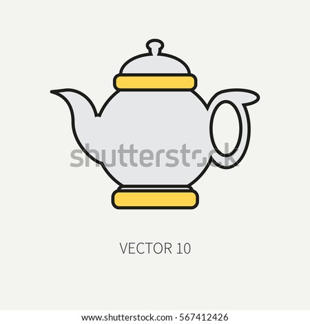Line flat color vector kitchenware icons - teapot. Cutlery tools. Cartoon style. Illustration, element for your design. Equipment for food preparation. Kitchen. Household. Cooking. Cook. Tea