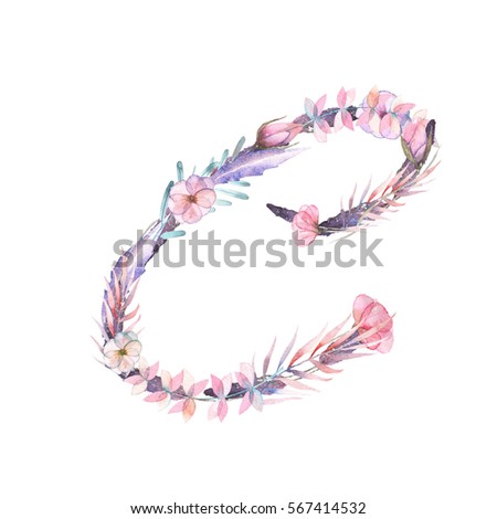 Capital letter C of watercolor pink and purple flowers, isolated hand drawn on a white background, wedding design, english alphabet for the festive and wedding decor and cards